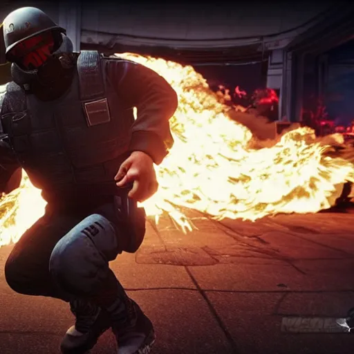 Image similar to Montagne from Rainbow Six Siege riding a hoverboard leaving behind a trail of flames and explosions