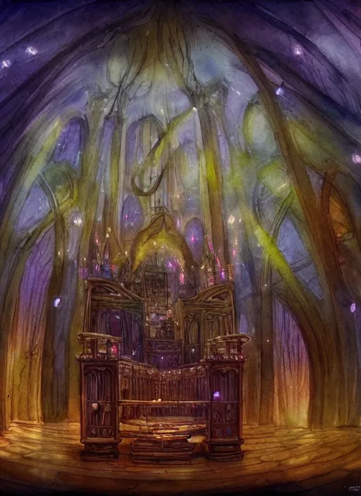 Prompt: pipe organ with fairy lights, light ground fog, detailed fantasy watercolor comic style, subtle colors, by tony sart