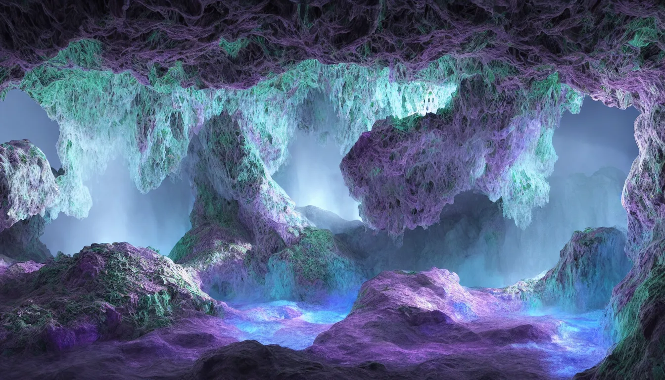 Image similar to expansive caves filled with emerging biodiversity water vapour rising from the pools of liquid, dusk light illuminates dappled areas , volumetric light !dream feedback loop , burst of powders ,detailed entangled fibres ,volumetric lighting, twisting vapour, bellowing dust , full colour , upscale , 4k