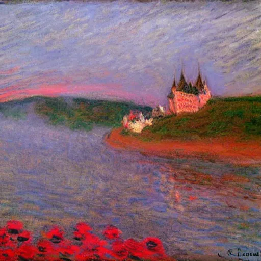 Image similar to quebec city!!! by claude monet! red sky!! misty!! fog! realistic! mysterious!!-H 800 - W 1080