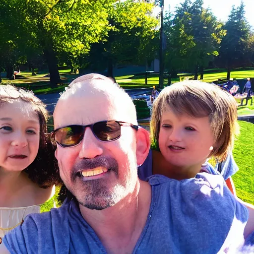 Prompt: family travel photo selfie taken at portland, oregon's waterfront park.