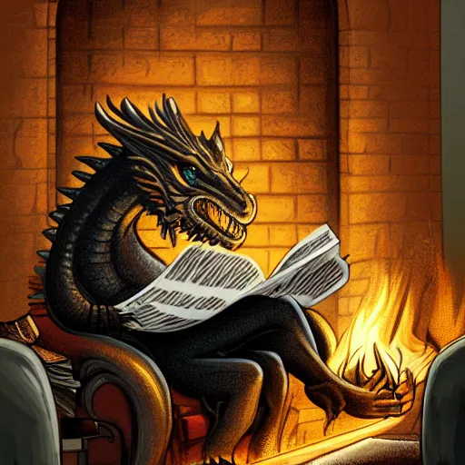 Prompt: illustration of a dragon reading the newspaper in front of a fireplace, digital art, artstation trend