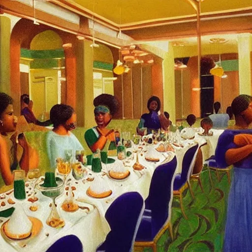 Prompt: dark skinned people eating at a regal buffet ultra detailed beautiful setting elegant event nigerian party minimalist gold ornaments iridescent lighting in the style of edward hooper and henri matisse oil painting