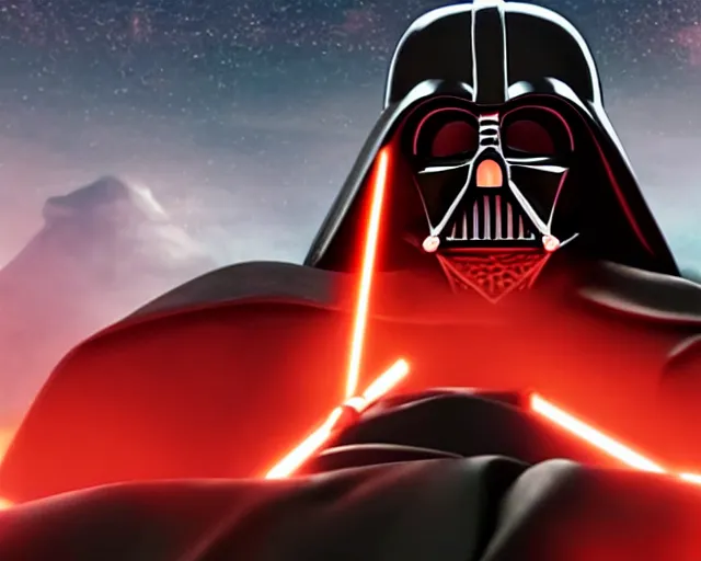 Image similar to Darth Vader sits on his throne in a volcano, cinematic