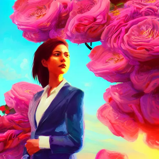 Image similar to closeup, huge rose flower head, frontal, girl in a suit, surreal photography, sunrise, blue sky, dramatic light, impressionist painting, digital painting, artstation, simon stalenhag