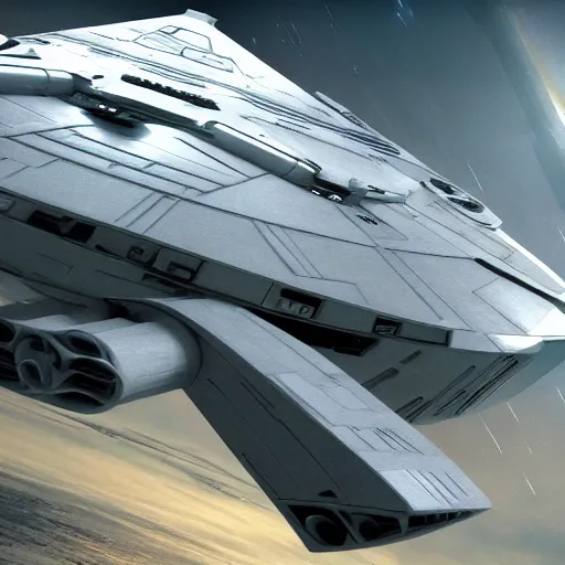 Prompt: the star wars star trek hybrid spaceship exterior realistic dramatic lighting stills 4 k