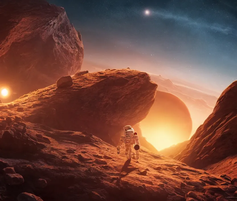 Image similar to a astronaut walking on a mountainous alien planet with a giant red planet with rings appearing in the sky at night, digital art, concept art, trending on DeviantArt, highly detailed, high quality, 8K, cinematic lighting