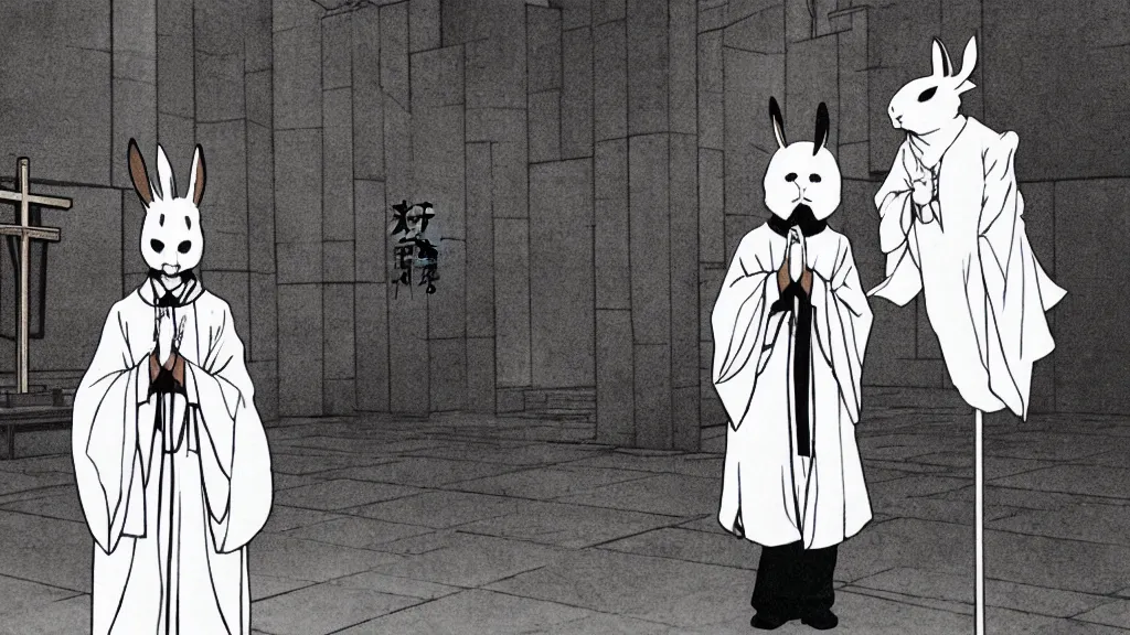 Image similar to a man wearing priest clothes and a white rabbit mask standing in an Japanese church, anime film still from the an anime directed by Katsuhiro Otomo with art direction by Salvador Dalí, wide lens