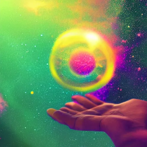 Image similar to a human hand holding a bunch of soap bubbles in a cosmic space full of stars and clouds, volumetric light, green and yellow colors, digital art, artstation