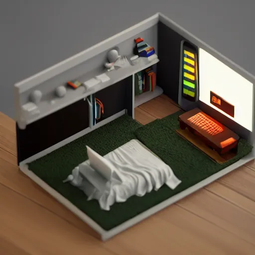 Image similar to miniature diorama isometric bedroom, ultimate rgb gaming computer, blender cycles, octane 3 d