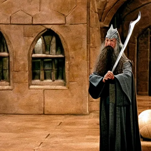 Prompt: Gandalf as Defense against the Dark Arts teacher in Hogwarts, teaching young wizards in a classroom