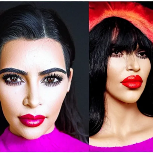 Image similar to Girl in colors, red lipstick on face, ugly look, style , Kim Kardashian look