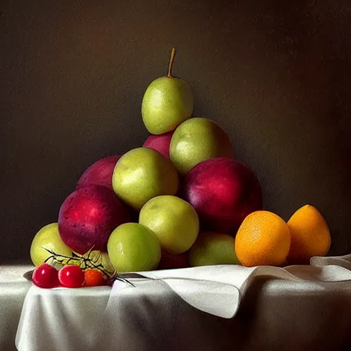 Prompt: melancholic, defined by marek okon. a still life of fruit on a table. the fruit is arranged in a pyramid shape, with the largest pieces of fruit at the bottom & the smallest pieces of fruit at the top. the colors are bright & the illustration has a lot of texture.