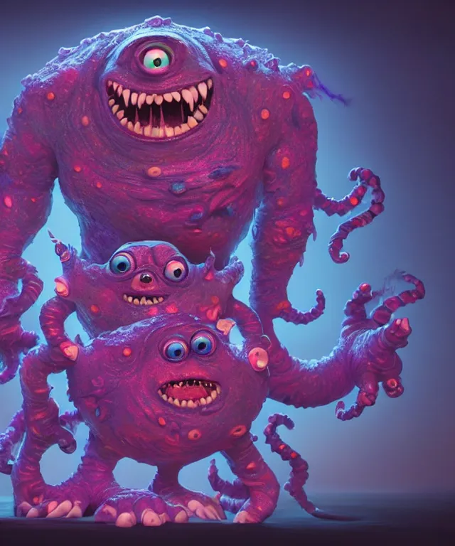 Image similar to a two headed xanathar made of bioluminescence in the art style of monsters inc, crisp 8 k line art, digital painting, artstation, unreal engine, octane render, emissive lighting, concept art, matte, sharp focus, hyper realistic lighting, illustration, deep royal blue and pink color scheme, art by junji ito