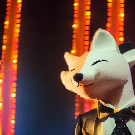 Image similar to Professional photograph of an anthropomorphic male fox wearing a fancy tuxedo, handsome eyes and a charismatic smile, hosting a show at a cabaret