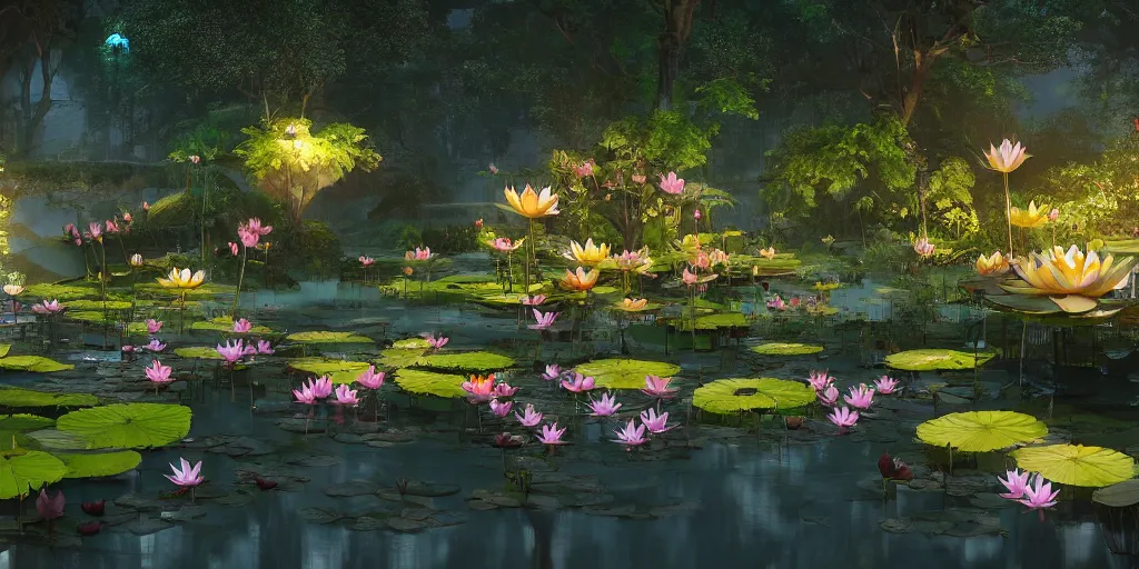 Image similar to dreamy pond full of lotus flowers at night, concept art, render by octane and blender, hyper realistic, cinematic lighting, unreal engin 5, by krenz cushart, 8 k, vray render, artstation, deviantart