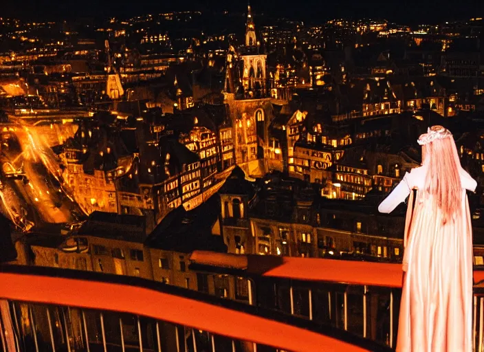 Image similar to a beautiful queen stands on a balcony overlooking a fantasy medieval gothic city at night, glow rays, 3 5 mm photography