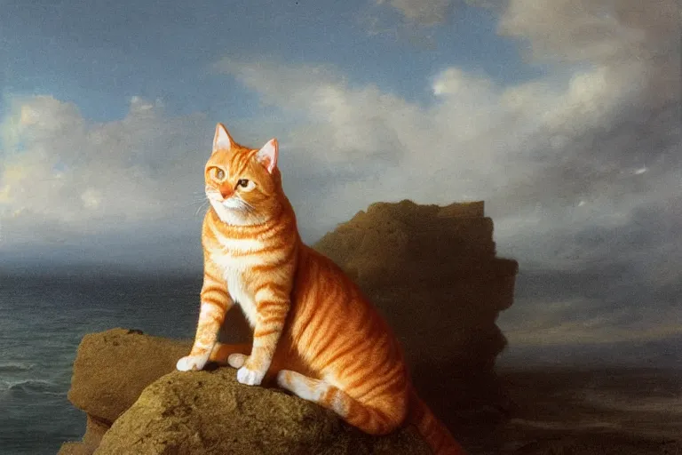 Prompt: orange tabby cat sitting on a rock looking over the ocean, realistic lighting, highly detailed, rule of thirds, by charles angrand, peder balke