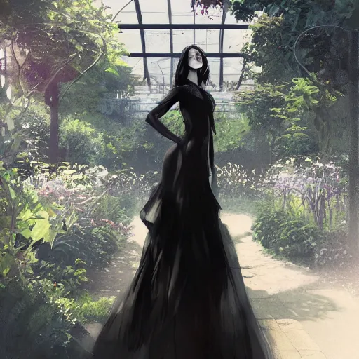 Image similar to a woman in a black dress standing in an elegant greenhouse garden, dramatic lighting, illustration by greg rutkowski, yoji shinkawa, 4 k, digital art, concept art, trending on artstation