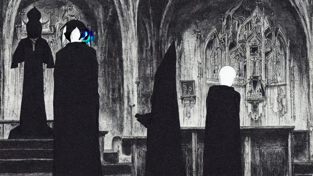 Image similar to a man wearing black priest clothes and a black rabbit mask standing in a black obsidian church, anime film still from the an anime directed by Katsuhiro Otomo with art direction by Salvador Dalí, wide lens