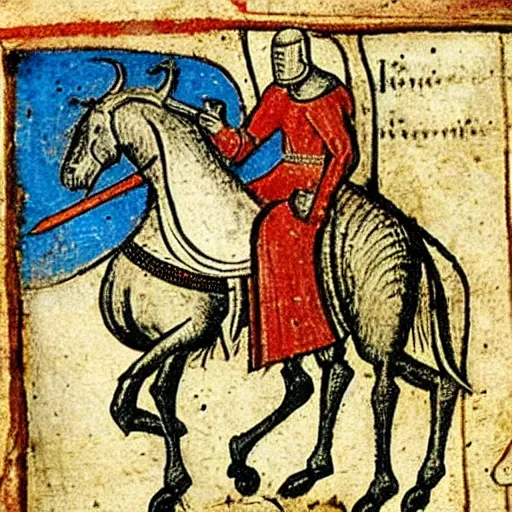 Prompt: a 1 5 th century medieval manuscript illustration of a knight on his phone, high quality scan, university of oxford