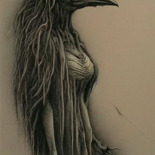 Prompt: grunge drawing of a crow by - Zdzisław Beksiński , corpse bride style, horror themed, detailed, elegant, intricate