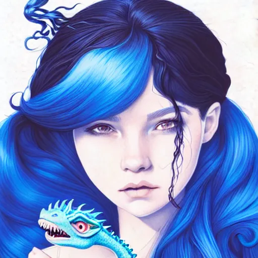 Image similar to head and shoulders portrait of a girl with blue hair and her cute dragon, illustration, medium shot, intricate, elegant, highly detailed, digital art, ffffound, art by Fernanda Suarez and sachin teng