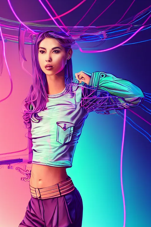 Image similar to a award winning half body portrait of a beautiful woman in a croptop and cargo pants with ombre purple pink teal hairstyle and hands in pockets by ari liloan, surrounded by whirling illuminated lines, outrun, vaporware, shaded flat illustration, digital art, trending on artstation, highly detailed, fine detail, intricate