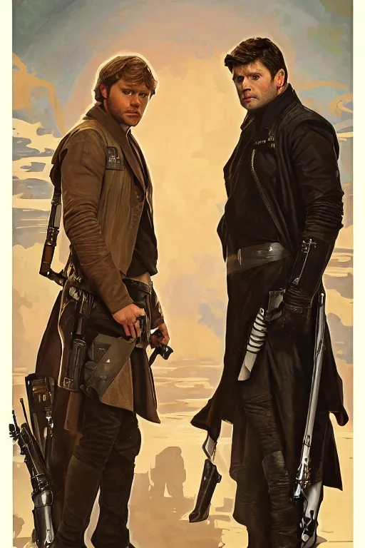 Prompt: a detailed matte portrait of jensen ackles dressed as has solo and misha collins as luke skywalker, masterpiece, 8 k, art by alphonse mucha and greg rutkowski