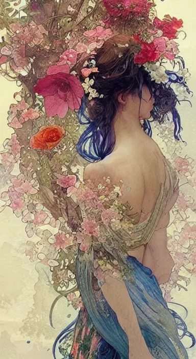 Prompt: a beautifull intricate watercolour painting of water character with flowers, verry high details by william turner, greg rutkowski and alphonse mucha, trending on artstation, very very detailed, masterpiece, vibrant colors