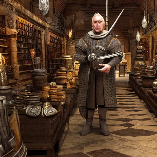 Image similar to full body portrait photo of Dennis hopper as a devious medieval lord in a giant medieval Shop, trending on artstation, style of midjourney, unreal engine, octane render, intricate details, 8k high definition, beauriful, ornate, hypermaximalistic