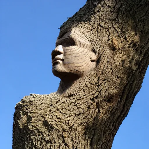 Prompt: an oak tree pruned and shaped to resemble a human head in profile