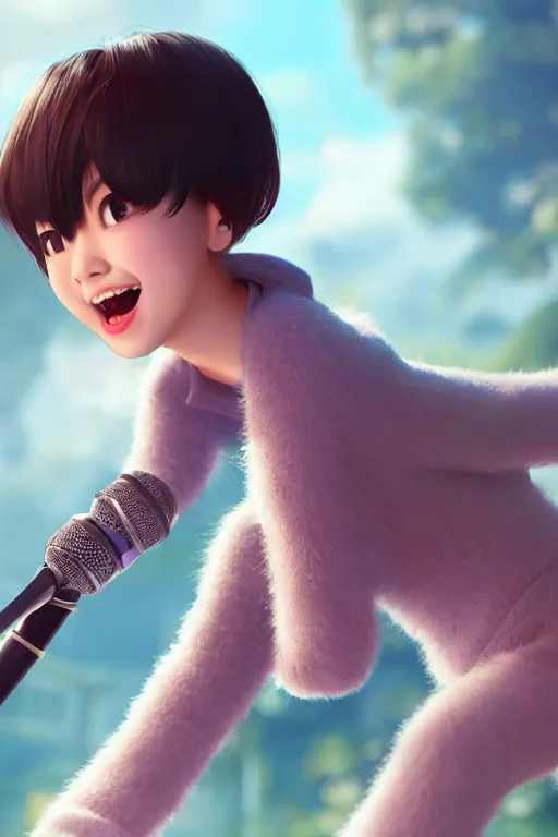 Prompt: a cute Asian girl singing, short stylish hair in the style of DreamWorks animation, mid-shot, profile, low angle view, 16mm lens, award winning, hyper detailed, studio lighting, artstation, octane renderer, unreal engine