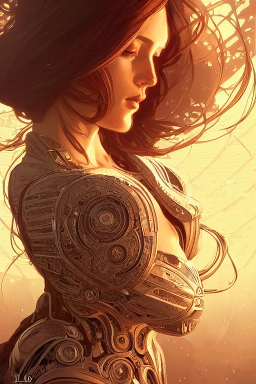 Prompt: beautiful female android!, half portrait, background explosion, intricate detailed environment, cell shaded, floro details, intricate, elegant, highly detailed, digital painting, artstation, concept art, smooth, sharp focus, illustration, art by artgerm and greg rutkowski and alphonse mucha, laurie greasley