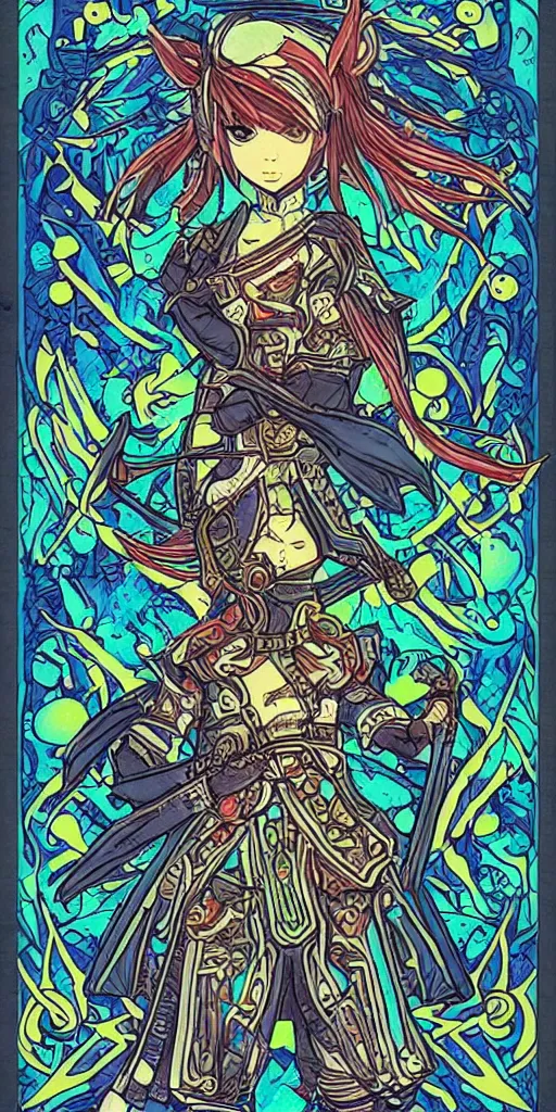 Image similar to a ninja from final fantasy 14, intricate, amazing line work, cosmic, psychedelic, cheerful, colorful, tarot cards,