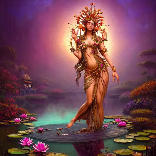 Prompt: Beautiful 3d render of the flower queen goddess in a sensual pose near a pond full of lotus, atmospheric lighting, painted, intricate, volumetric lighting, beautiful, rich deep colours masterpiece, sharp focus, ultra detailed, in the style of Dan Mumford and marc simonetti, with a clear crowded futuristic cyberpunk dubai city in the background, astrophotography