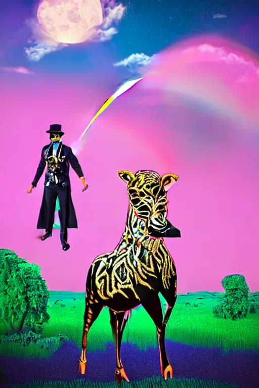 Image similar to Ethereal safari landscape with a pink rainbow sky under a god moonstone, black leather and embroidered Lolita dapper bespoke avant-garde tuxedo in velvet, black and gold rich color, dramatic cinematic lighting, featured on Artstation, extremely detailed by Lisa Frank