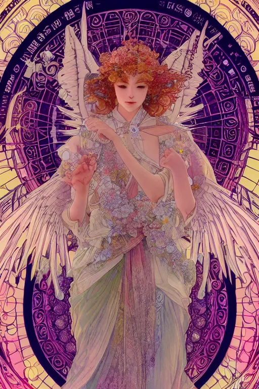 Prompt: goddess angel of tranquility，hyper detailed, character concept, full body, dynamic pose，intricate, lineart, cerpuscular rays, by yoshitaka amano, alfons mucha, 4k