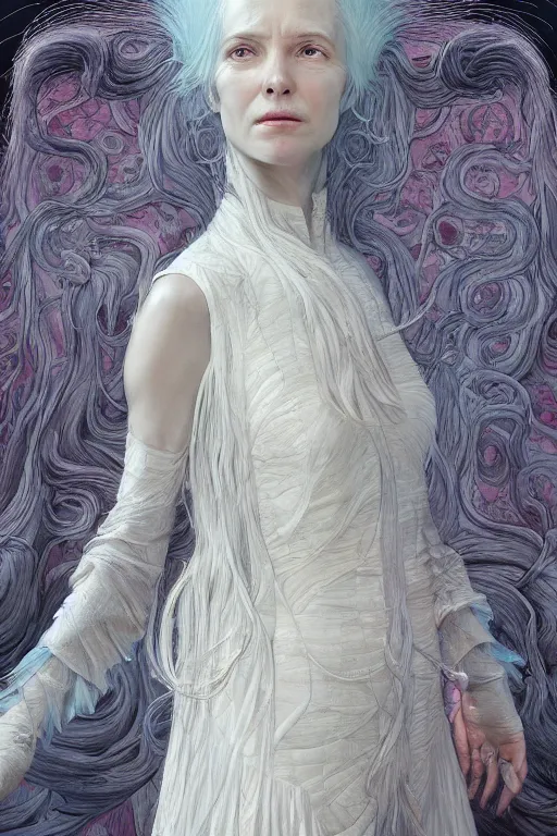 Image similar to the white lady in a dress with long hairs, art by James Jean and Wayne Barlowe, high detail, cinematic, cgsociety 8k