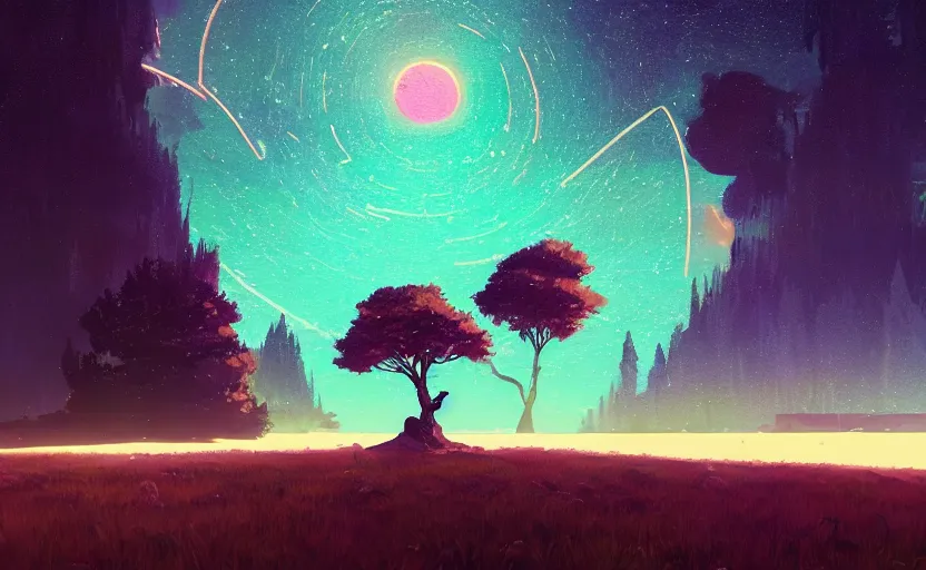 Prompt: A starry landscape with a giant thin tree, Low level, rendered by Beeple, Makoto Shinkai, syd meade, simon stålenhag, environment concept, synthwave style, digital art, unreal engine, WLOP, trending on artstation, 4K UHD image, octane render,