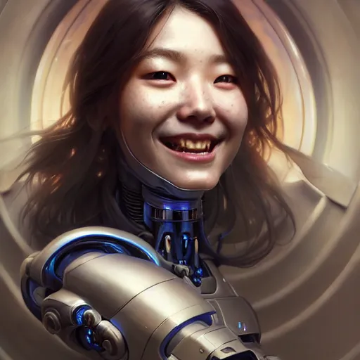 Image similar to portrait painting of a cute cyborg kim ji - woo smiling cheerfully, ultra realistic, concept art, intricate details, eerie, highly detailed, photorealistic, octane render, 8 k, unreal engine. art by artgerm and greg rutkowski and magali villeneuve and alphonse mucha