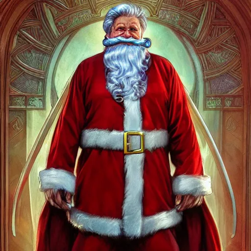 Image similar to an epic fantasy comic book style full body portrait painting of santa claus. d & d. fantasy. intricate. elegant. highly detailed. digital painting. artstation. concept art. matte. sharp focus. illustration. art by artgerm and greg rutkowski and alphonse mucha