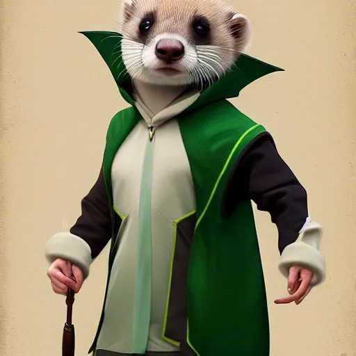 Image similar to a anthropomorphic ferret is dressed as a hogwarts student in slytherin robes, hyperdetailed, artstation, cgsociety, 8 k