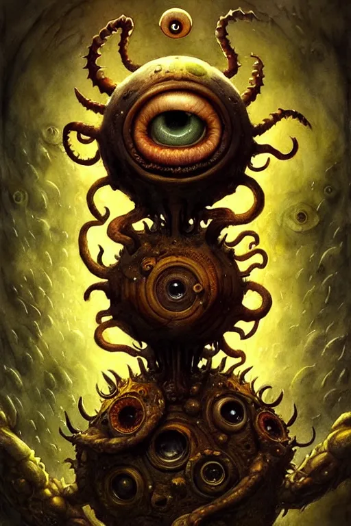 Image similar to beholder monster with 6 eyes | esoteric symbolism | jean - baptiste monge, esao andrews, bastien lecouffe - deharme, tim jacobus, ken currie | ultra - detailed realism, soft cinematic lighting, hi - fructose, artstation, high - quality, ink watercolors wes anderson poster art