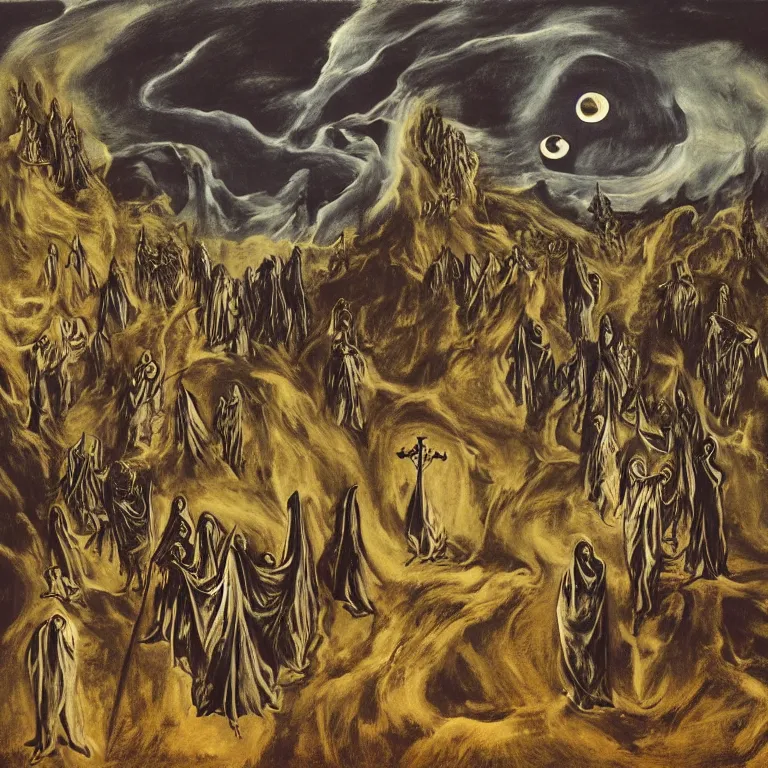 Prompt: A Holy Week procession of grim reapers in a lush Spanish landscape at night. A hooded figure at the front holds a cross. El Greco, Remedios Varo, Salvador Dalí, Zdzisław Beksiński.