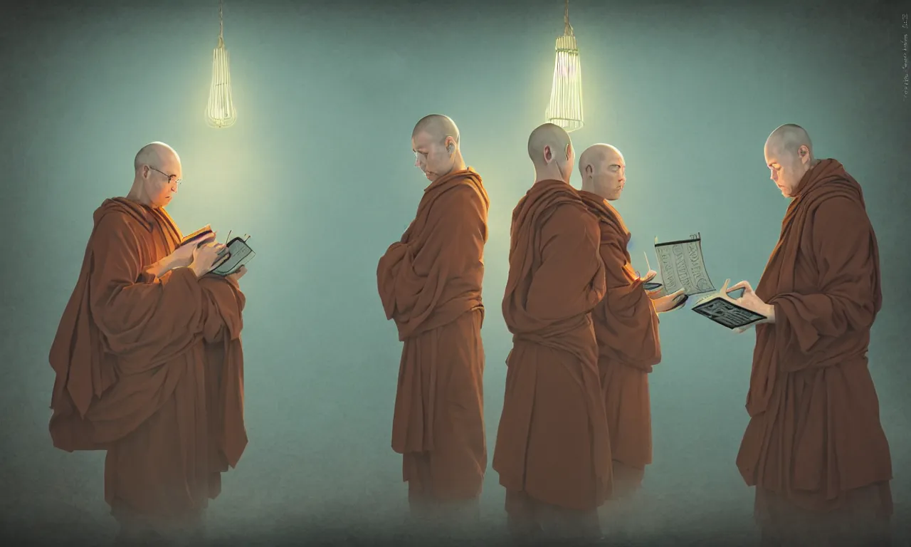 Image similar to monks in distrust, kerberos realm, service ticket close up, wizard reading a directory, nordic pastel colors, abandoned railroad, 3 d art, digital illustration, perfect lighting