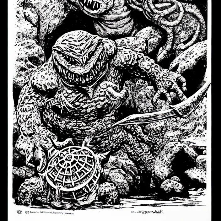 Image similar to an octorok spitting rocks, as a d & d monster, pen - and - ink illustration, etching, by russ nicholson, david a trampier, larry elmore, 1 9 8 1, hq scan, intricate details, high contrast