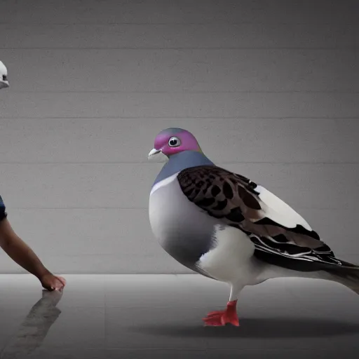 Image similar to a pigeon vs a kid kung fu style in a dojo for a piece of bread, facing each other, stand off, muscled pigeon like the rock, best photo award, high quality 8 k, cinematic lighting, cinematic composition, high detail, landscape photo