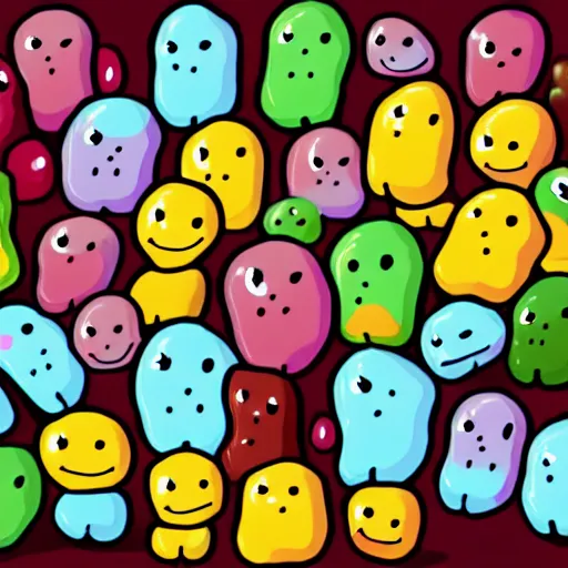 Image similar to trending on art station, cute jelly bean creatures cartoon,