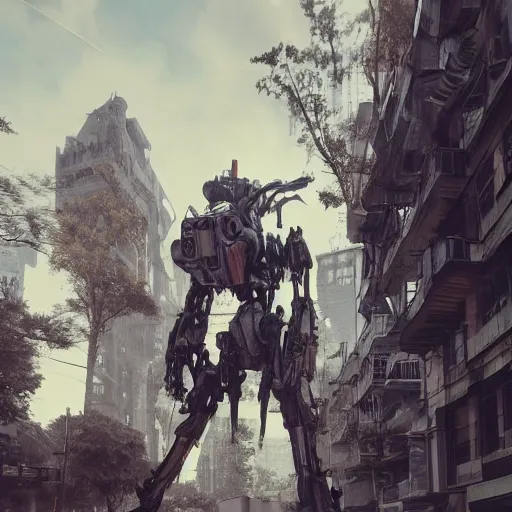 Image similar to six feet tall mech fighting in an urban environment, by gaudi, by giger, by ismail inceoglu, octane render, by weta digital, cinematic lighting, bump mapped, lumen reflections, ambient occlusion, action scene screenshot, epic scale, trending on artstation